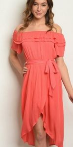 Coral Off The Shoulder High Low Tunic Dress